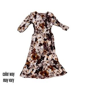 Evelyn Smocked Waist Floral Maxi Dress Brown Cream 3/4 Sleeve Pockets